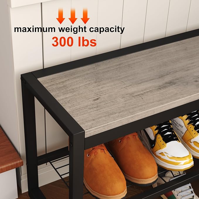 HOMEFORT 2 Tiers Shoe Bench, Retro Industrial Shoe Storage Bench with Mesh Shelf and Sturdy Metal Frame, Metal Shoe Rack Bench for Hallway, Mudroom, Living Room, Washed Gray - Image 9