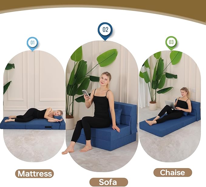 Folding Sofa Bed, Foldable Sleeper Chair with Pillow, Convertible Fold Out Chair Bed with Washable Cover, Foldable Mattress for Living Room, Bedroom, Guest Room, Single Size, Blue