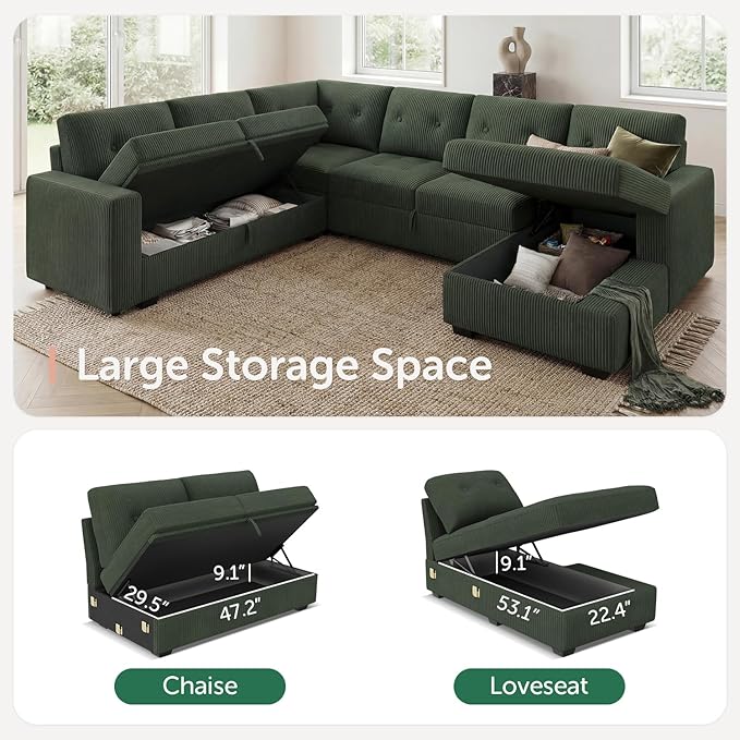 HONBAY Sectional Sleeper Sofa Bed with Storage Chaise, Sleeper Sectional Pull-Out Sofa, Sectional Sleeper Couch for Living Room, Velvet Green