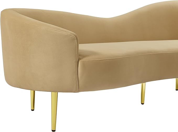 Meridian Furniture 659Camel-S Ritz Collection Modern | Contemporary Upholstered Sofa with Rich Camel Velvet, Gold Metal Legs, Curved Contemporary Design, 85.5" W x 31.75" D x 30.5" H, Camel