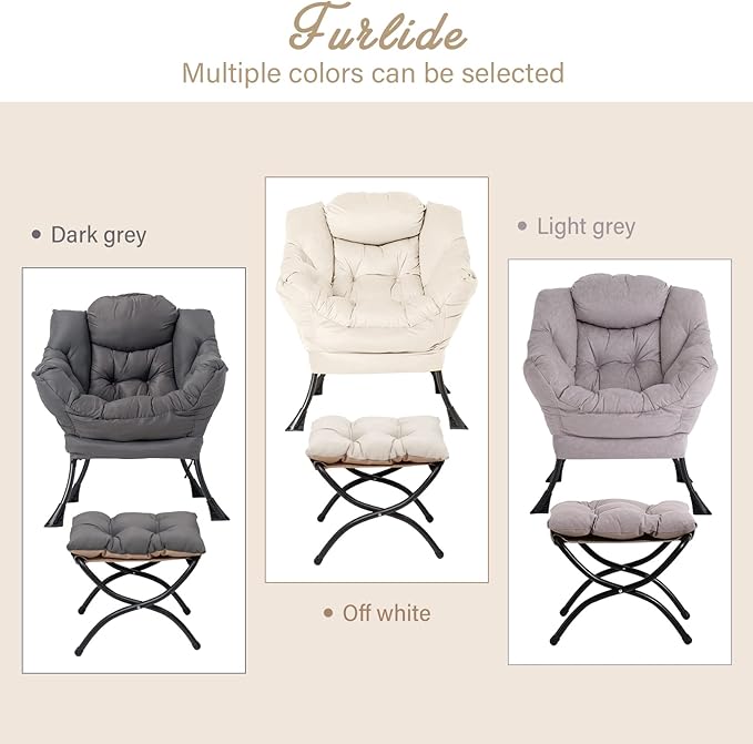 Furlide Lazy Chair with Ottoman, Modern Chair with Folding Footrest, Lounge Accent Chair, Comfortable Reading Chair, Oversized Armchairs for Bedroom, Study, Living Room, Courtyard (Light Grey)