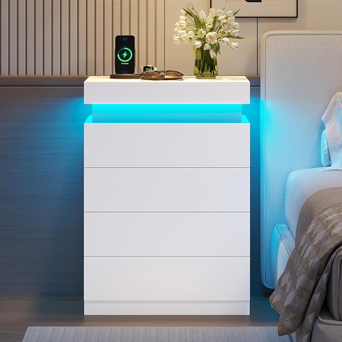 ADORNEVE White Night Stand with Drawers and LED Lights,Tall Nightstand with Sliding Top,Bedside Table with Charging Station,Modern End Side Table for Bedroom, 15.7" D x 17.7" W x 31.1" H by ADORNEVE