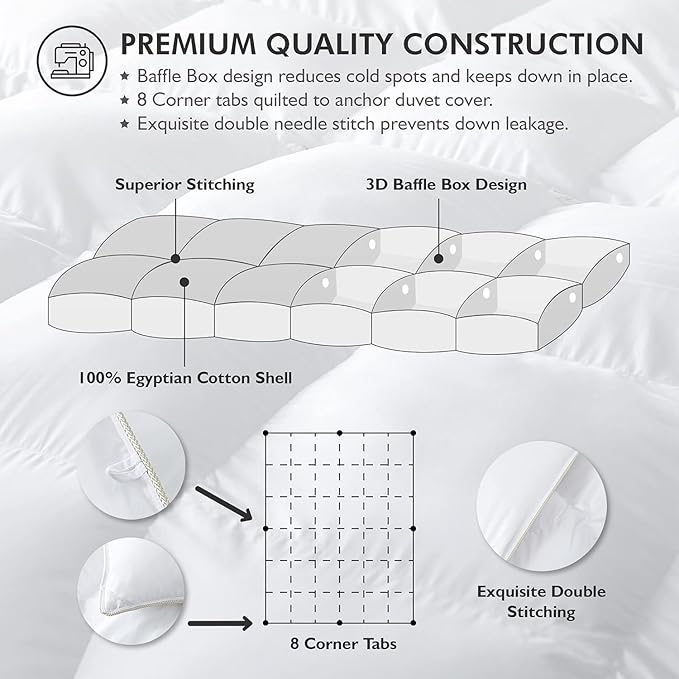 Luxurious Twin/Twin XL Goose Down Comforter, Unique White Solid, 600 Thread Count, 100% Egyptian Cotton Cover, 65 Oz Fill Weight, 750 Fill Power