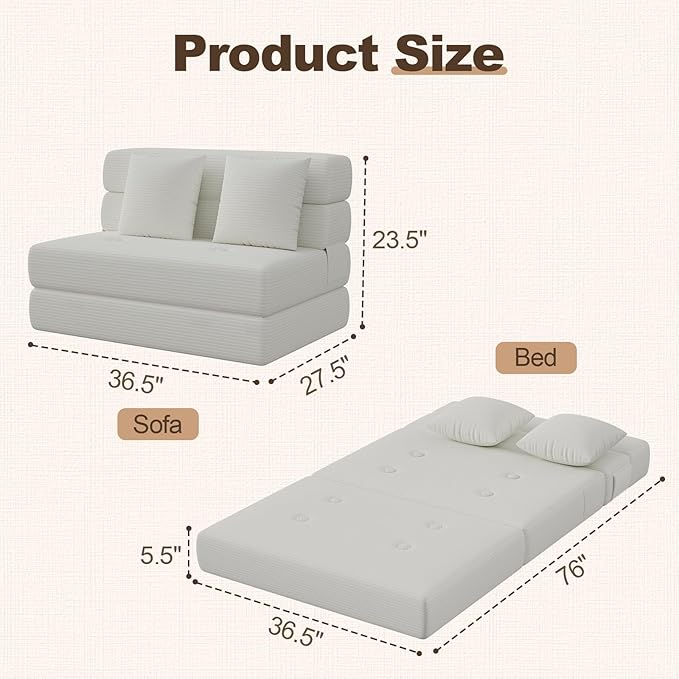 Folding Sofa Bed, Convertible Sleeper Chair & Couch Bed with Pillow, One-Piece High-Density Sponge Mattress, Multi-Purpose Corduroy Floor Sofa for Living Room, Office, Apartment, Beige, Twin