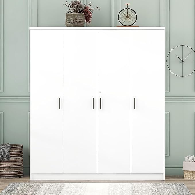 67.9" H Large Wardrobe Closet with 4 Doors, Freestanding Armoire Wardrobe Closet with Locking Drawer, Shelves and Hanging Rod, Wooden Bedroom Coat Closets Cabinet for Clothes, White