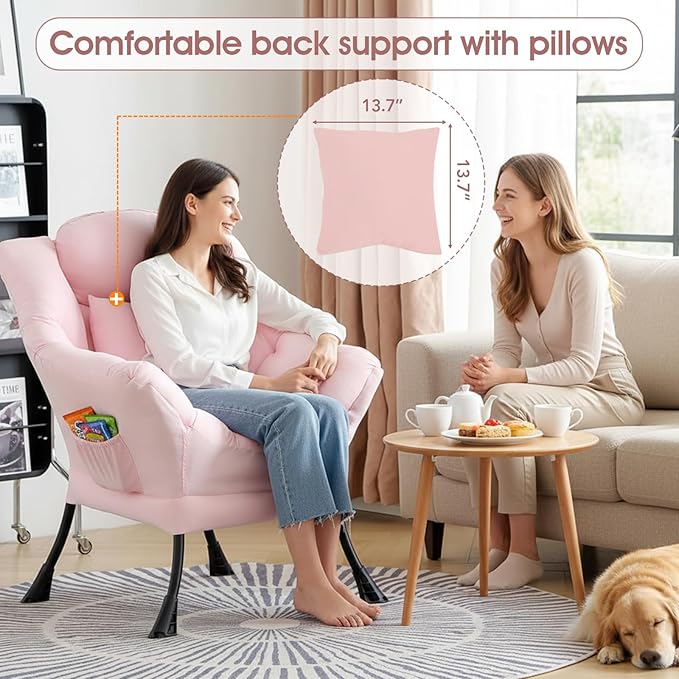 Lazy Chair for Living Room, Large Pink Accent Chair with a Throw Pillow, Leisure Sofa Chair Set, Comfy Reading Chair for Bedroom, Dorm Room, Office