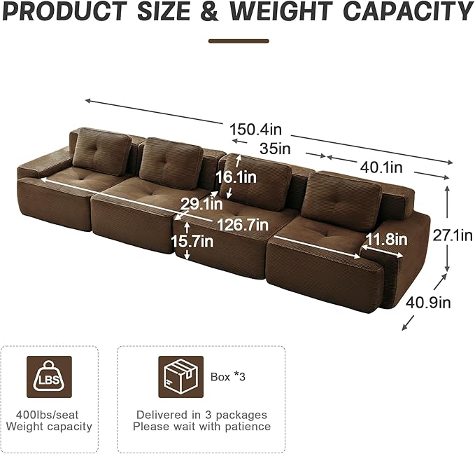 Casaphoria 150'' Brown Corduroy Cloud Couch, 4-Seater Boneless Sectional Sofa with 4 Pillows for Living Room, Deep Seat Sofa, No Assembly Required