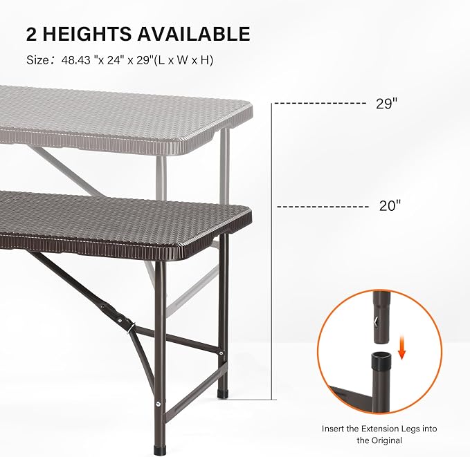 VINGLI 4 FT Plastic Folding Camping Table, Portable in/Outdoor Party Picnic Dining Desk,Garden Soccer Multipurpose Entertaining Activities, Brown - Image 3
