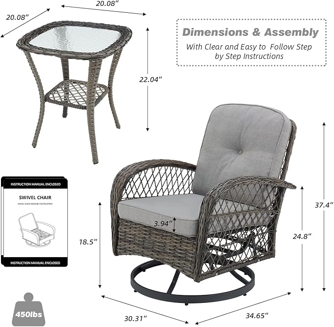 EROMMY 3 Pieces Outdoor Swivel Rocker Patio Chairs, 360 Degree Rocking Patio Conversation Set with Thickened Cushions and Glass Coffee Table for Backyard, Grey
