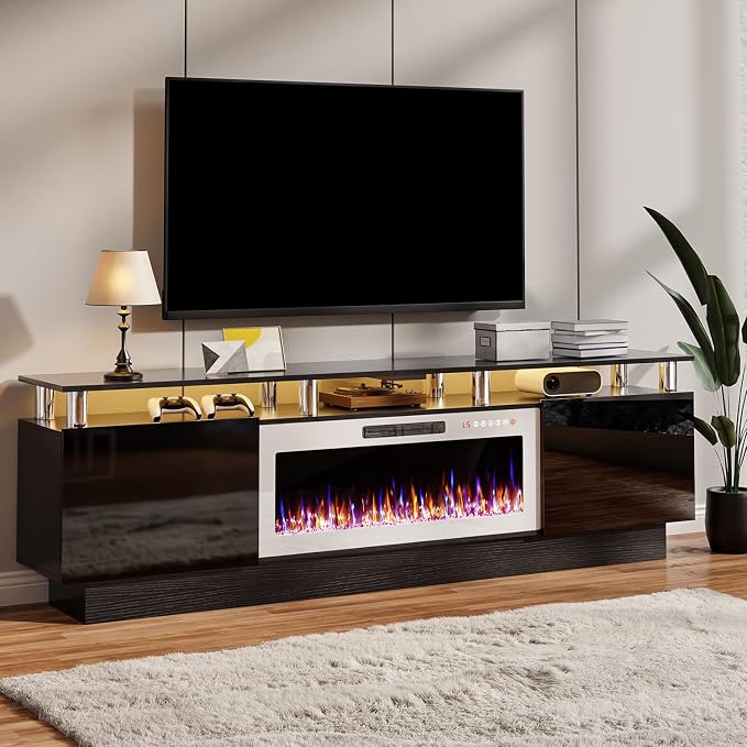TAVATA 80" Fireplace TV Stand Up to 90" TVs, High Gloss Modern Entertainment Center with Storage, Wood Media Console Cabinet with 36" Fireplace & Open Shelf for Living Room, Black+White by TAVATA