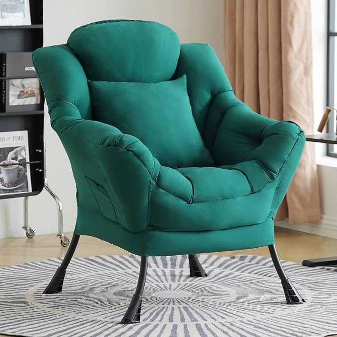 Lazy Chair for Living Room, Large Dark Green Accent Chair with a Throw Pillow, Leisure Sofa Chair Set, Comfy Reading Chair for Bedroom, Dorm Room, Office