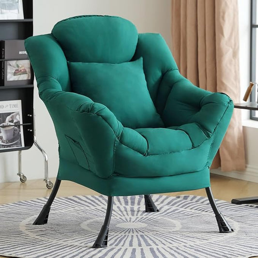 Lazy Chair for Living Room, Large Dark Green Accent Chair with a Throw Pillow, Leisure Sofa Chair Set, Comfy Reading Chair for Bedroom, Dorm Room, Office