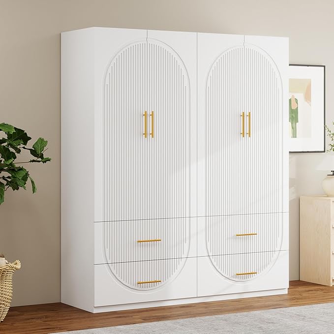 White Wardrobe Closet with Doors, 4 Drawers, Hanging Rods, Metal Handles, Large Capacity, Modern Minimalist Design, Textured Finish，Ideal for Bedroom 63.0" W x 20.39" D x 70.41" H (19)