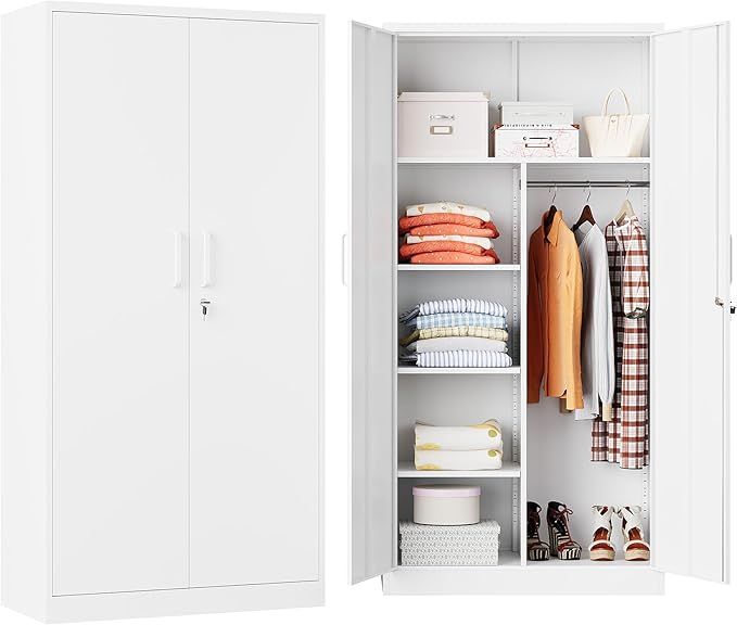 Metal Armoire Wardrobe Closet,72" Metal Storage Cabinet with Lock, 18" D x 36" W Broom Closet with Adjustable Shelves and Hanging Rods, Steel Wardrobe for Home,Bedroom,Office,Employee