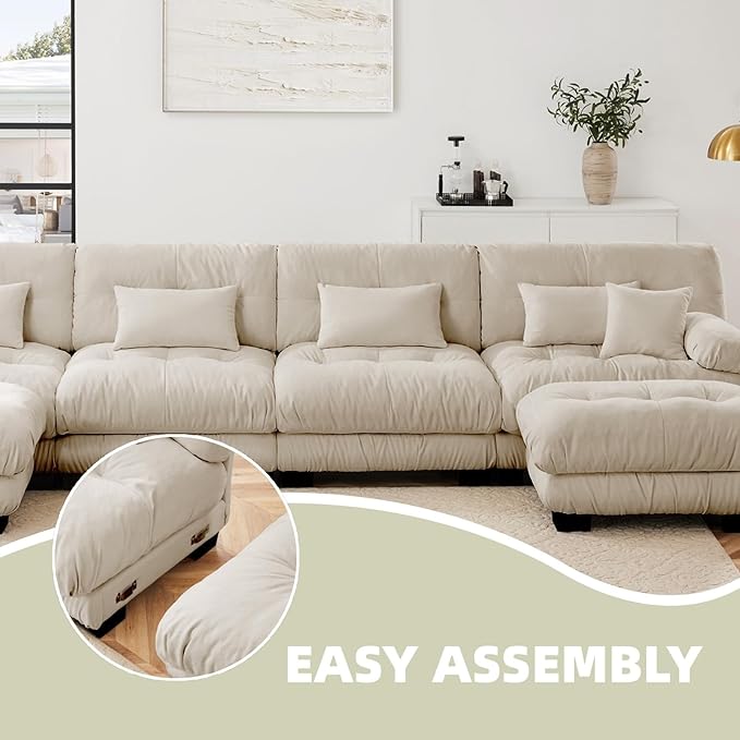 173.2" U-Shaped Cloud Couch, Oversized Modular Sectional Sofa, Deep Seat Cloud Boneless Couch, 4-Seat Modular Sectional Sofa with 2 Ottoman or Living Room,Bedroom and Apartment, Light Coffee