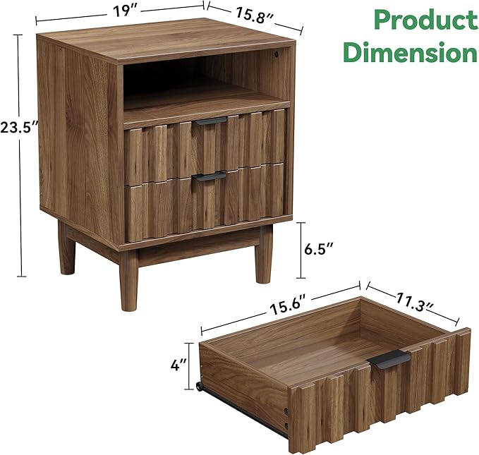 Fluted Nightstand with 2 Drawers, 19" Wide Night Stand with Solid Wood Legs, Open Storage Shelf, Mid Century Modern Wooden Bedside Table for Bedroom, Bed End Side Table, Walnut - Image 2
