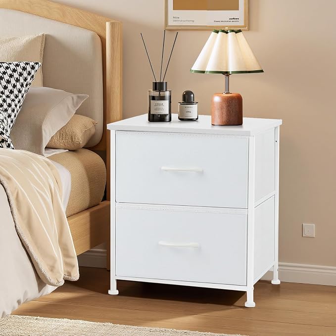 Nightstand, Small 2 Drawer Dresser End Table Bedside Furniture, Wooden Top Fabric Bins for Bedroom, Closet, Entryway, Dorm, 11.8" D x 18" W x 20", White - Image 2