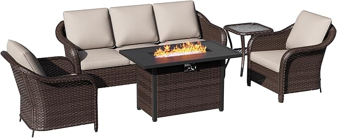 5 Piece Patio Wicker Conversation Set, All-Weather Use Outdoor Wicker Sofa with 2 PE Rattan Ottomans,2 Chair, 1 Side Table, Ideal for Porch, Backyard, Balcony, Poolside, Beige