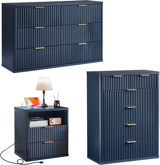 LEYAOYAO Fluted Dressers & Nightstand Set of 3, Wood 48" Wide Dresser & 42" Tall Chest of Drawers,Modern Bedroom Furniture Sets, Navy Blue Wooden Nightstand with 2 Drawers & Charging Station