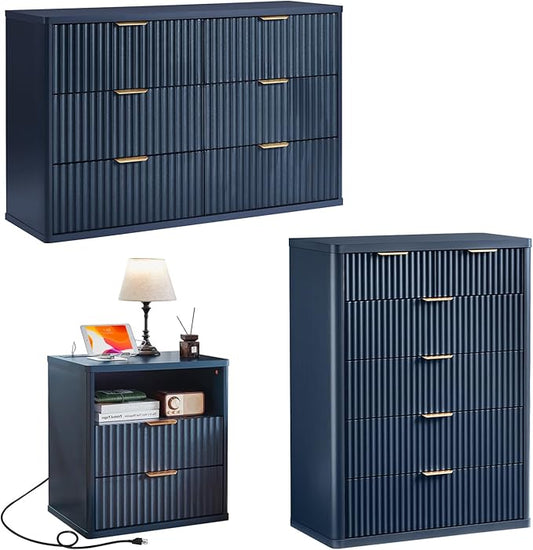 LEYAOYAO Fluted Dressers & Nightstand Set of 3, Wood 48" Wide Dresser & 42" Tall Chest of Drawers,Modern Bedroom Furniture Sets, Navy Blue Wooden Nightstand with 2 Drawers & Charging Station