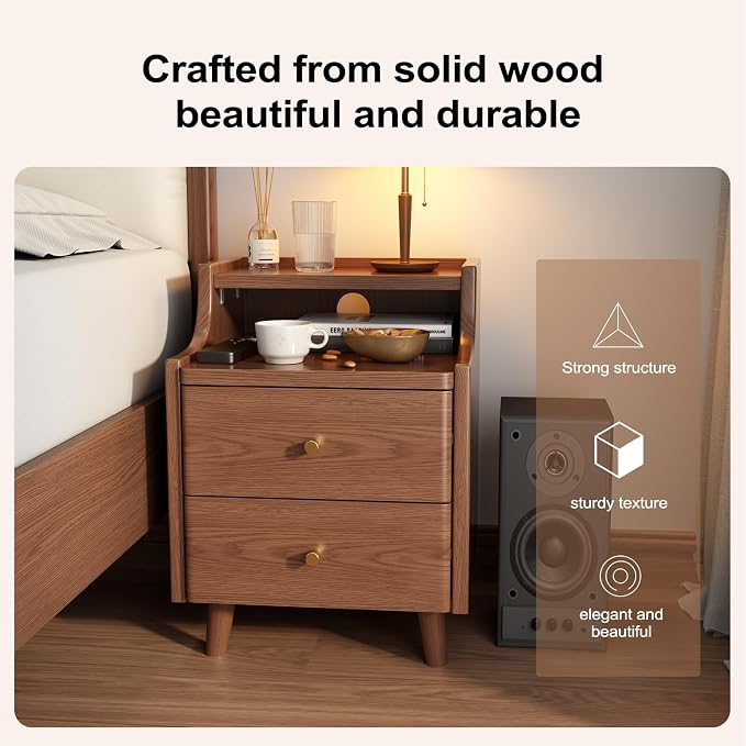 Narrow Nightstand with 2 Drawers,Walnut Nightstand,Bedside Table,Solid Wood Modern Bedside Table for Bedroom,Study,Toilet - Image 3