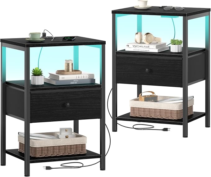 BOLUO Black Nightstands Set of 2, Bedroom Night Stand Set Two Nightstand with Charging Station and LED Light, Bedside Table with Fabric Drawer Modern by BOLUO