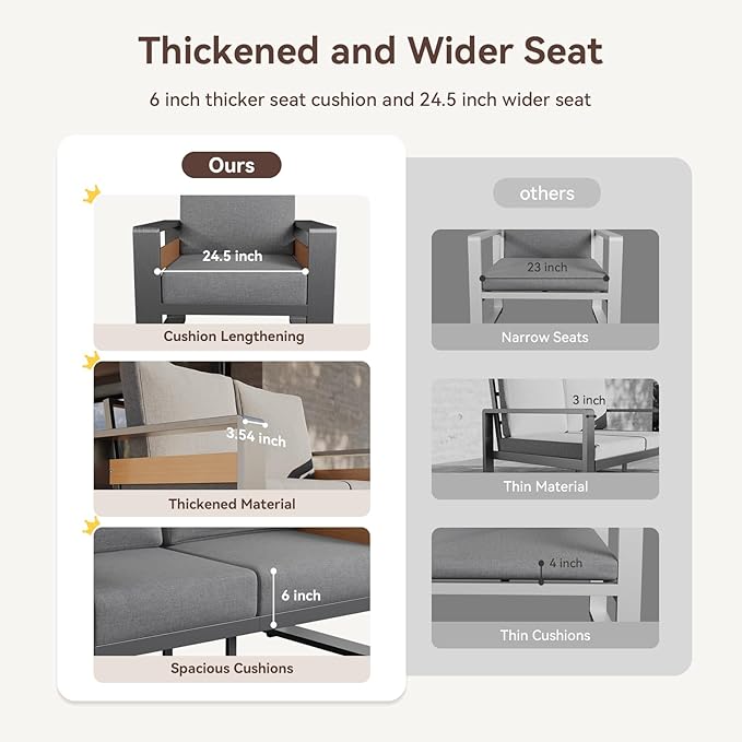 Aoxun Aluminum Patio Furniture Set, 7 Seats Luxury Metal Patio Conversation Sets with Coffee Table, Thick Cushions and Waterproof Cover, Modern Outdoor Furniture Set for Backyard/Poolside, Light Grey
