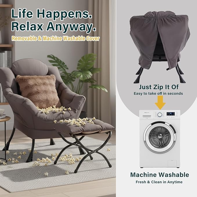 Lazy Chair with Ottoman, Large Accent Chair with Ottoman and a Throw Pillow, Shadow Grey Reading Chair for Living Room Bedroom Dorm Room Office Apartment Relaxing Use