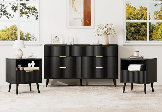 LYNSOM Fluted Dresser and Nightstand Sets 3 Piece, 7-Drawers Dresser and 1-Drawer Nightstands Set of 2, Wood Bedroom Furniture Set for Home, Bedroom, Hallway, Black