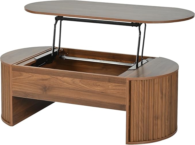 Lift Top Coffee Table with Storage Hidden Compartment, Partially Assembled Wooden Fluted Center Table, 47.2" Modern Oval Smart Lift Tabletop for Home Living Room Office-Brown