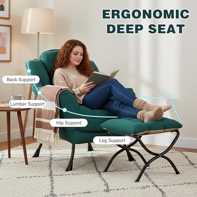 Lazy Chair with Ottoman, Modern Accent Chair Contemporary Sofa Chair with Armrests, Reading Chair and Folding Footstool Set for Living Room, Bedroom, Office
