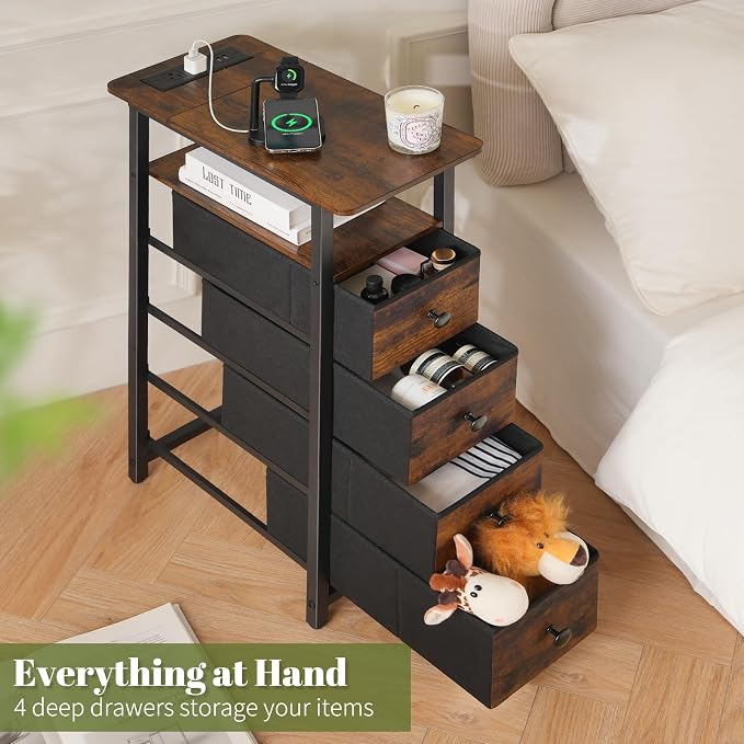Yoobure LED Narrow Nightstand with Charging Station - Slim Dresser for Bedroom Narrow Side Table Storage Cabinet, Small Dressers Chest of Drawers, Tall Skinny Night Stand End Table for Small Spaces - Image 6