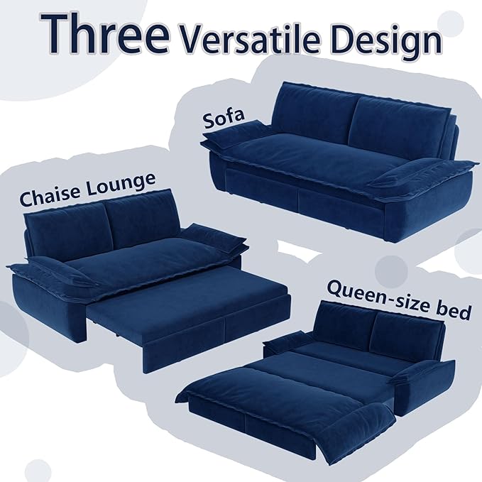 73.2" Queen Size Pull Out Sofa Bed, 3-in-1 Convertible Sleeper, Velvet Loveseat for Living Room, Apartment, Bedroom Small Spaces, Blue (Mattress & Bedding Not Included)