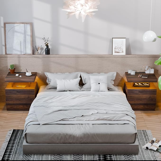 HOMMPA Set of 2 Rustic Nightstand with Wireless Charging Station LED Bedside Table with 2 Drawers End Table with Open Shelf Smart Nightstand Night Stand with Led Light for Bedroom Dark Walnut Wood - Image 3