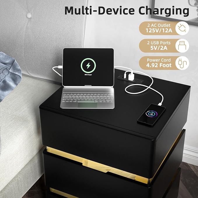 VINGLI LED Nightstand with Charging Station, 3 Drawer Nightstand, Black Nightstand, Acrylic Nightstand, Smart Nightstand, Wood Nightstand Bedroom, Modern Night Stand, Bedside Table, End Table - Image 3
