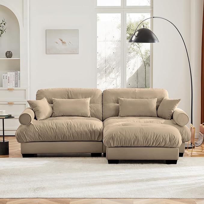 KEIKI 94" L-Shaped Oversized Velvet Modular Sectional Loveseat Sofa with 1 Ottoman, High-Density Foam Cushion, Bolstered Armrest, Upholstered 2-Seater Cloud Couch with 4 Pillow, for Living Room, Camel