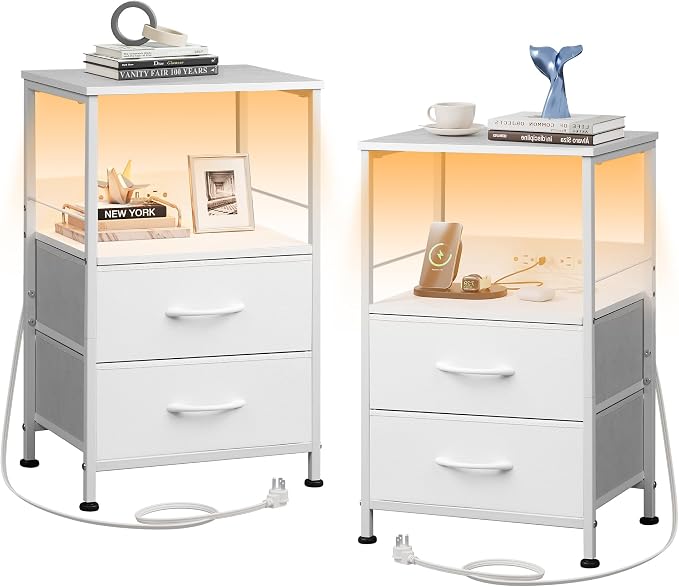 WLIVE White Night Stand Set of 2 with Charger Station, LED Nightstand with 2 Fabric Drawers and Storage Shelf, Bedside Tables with 3 USB Ports and 2 Outlets, Small Dresser for Bedroom,Small Space by WLIVE