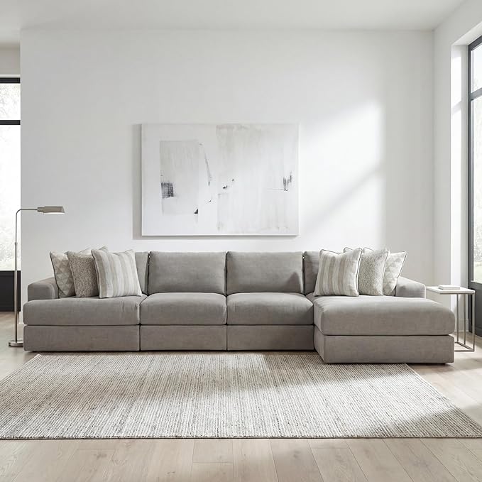 Signature Design by Ashley Avaliyah Modern Modular Anti Sag Right-Arm Facing 4-Piece Sectional with Reversible Cushions and 6 Accent Pillows, Gray