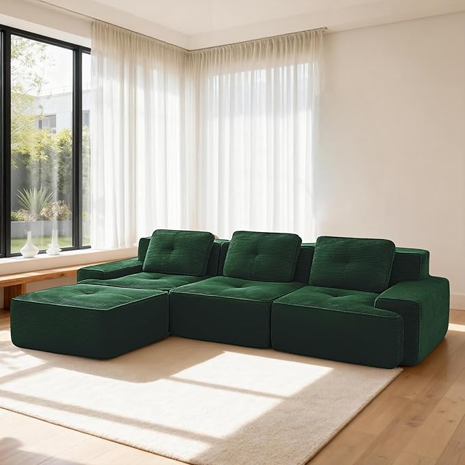 Casaphoria 115'' Boneless Sofa with Ottoman, 3-Seater Modular Couch with 3 Pillows for Living Room, L Shape Cloud Sectional Sofa, No Assembly, Green