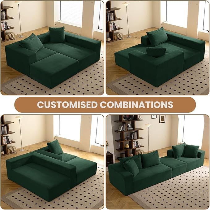 108" L-Shaped Boneless Couch, Modular Sectional Sofa with Moveable Ottoman, Corduroy Cloud Couches for Living Room, No Assembly, Ship in a Box, Green