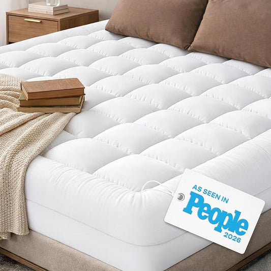 Cloud-Like King Mattress Topper - 100% Cotton Top Mattress Pad for Back Pain Relief - Breathable & Naturally Cooling for Hot Sleepers, White
