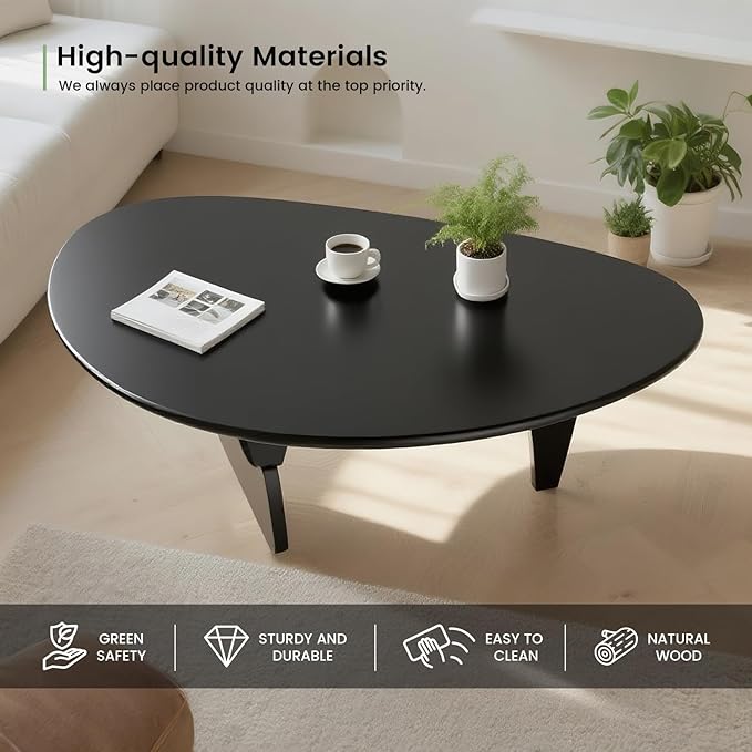 Solid Wooden Modern Triangle Coffee Table: Unique Funky Coffee Tables for Living Room, Oval Mid-Century Irregular Abstract Tea Tables for Patio Office Balcony Bedroom (Black, 35" L x 24" W x 16" H)