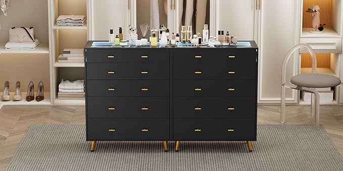 Closet Island with LED Lights, 38" H Tall Tempered Glass Top Dresser, Modern Wood Wardrobe Closet Island for Bedroom, Living Room, Black
