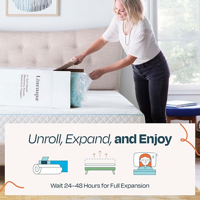Linenspa 3 Inch Swirl Gel Memory Foam Mattress Topper, Twin XL Size – Cooling Gel Infused, Ventilation Holes – Pressure Relieving Bed Topper – CertiPUR Certified – Dorm Room Essentials