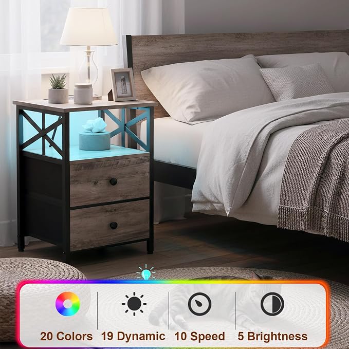 AMHANCIBLE Night Stand Set of 2 with Charging Station and LED Lights, Large 2-Drawer Bedside Tables with USB Ports and AC Outlets, Modern Nightstand for Bedroom, Grey, HET052LGY - Image 7