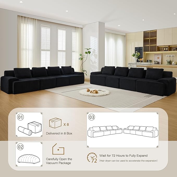 Modular Sectional Sofa, 6 Seat Modular Couch, Modular Sofa with Deep Seat and Detachable Pillow (Black, 8 Pieces-Rowshape 2 Side)