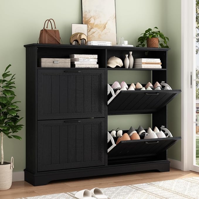 Shoe Storage Cabinet with 4 Flip Drawers, Farmhouse Modern Hidden Shoes Rack Cabinet with Adjustable Shelves & Open Storage, Narrow Slim Shoe Organizer for Front Door Entrance, Entryway, Hallway,Black by WINWY