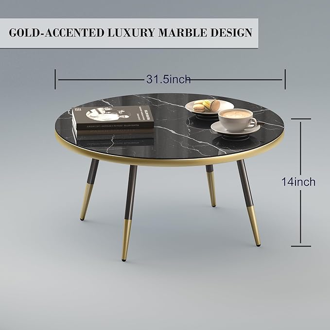 Round Coffee Table, Black Coffee Table for Living Room, Balcony 31.5" x 15.8" Space-Saving Black Marble-Textured Top, Sturdy Metal Frame with Black & Gold Finish | Premium Baked Paint, Easy Assembly