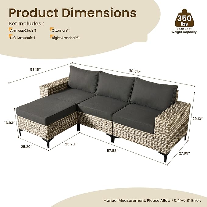 Patio Furniture Set, 4 Pieces Outdoor Wicker Conversation Sets with Coffee Table Outdoor Sectional Sofa for Balcony Backyard Poolside Garden Lawn (Black)