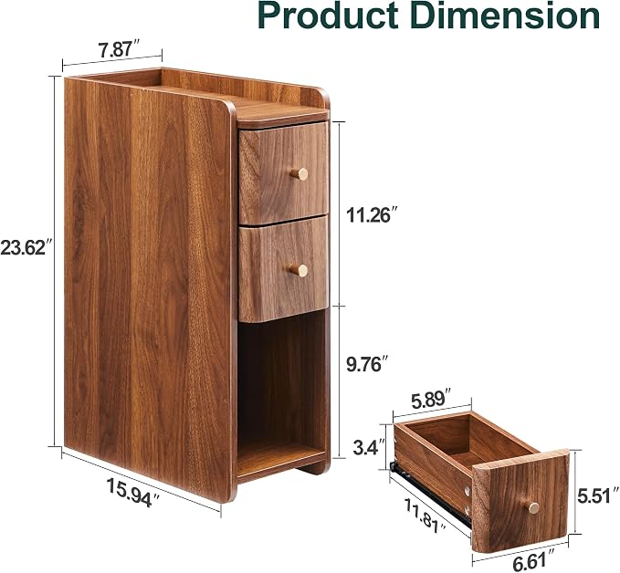 Narrow End Table Bedroom, Wooden Small 2 Drawer Nightstand, Thin Couch Side End Table, Skinny Bedside Table Small Spaces, Mid Century Modern Night Stand with Drawers (Walnut-1 pc) - Image 2